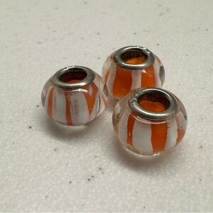 THREE 925 & Glass Charm Beads - Orange and White Stripes